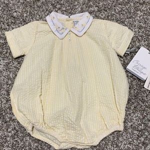 Yellow seersucker ducks romper